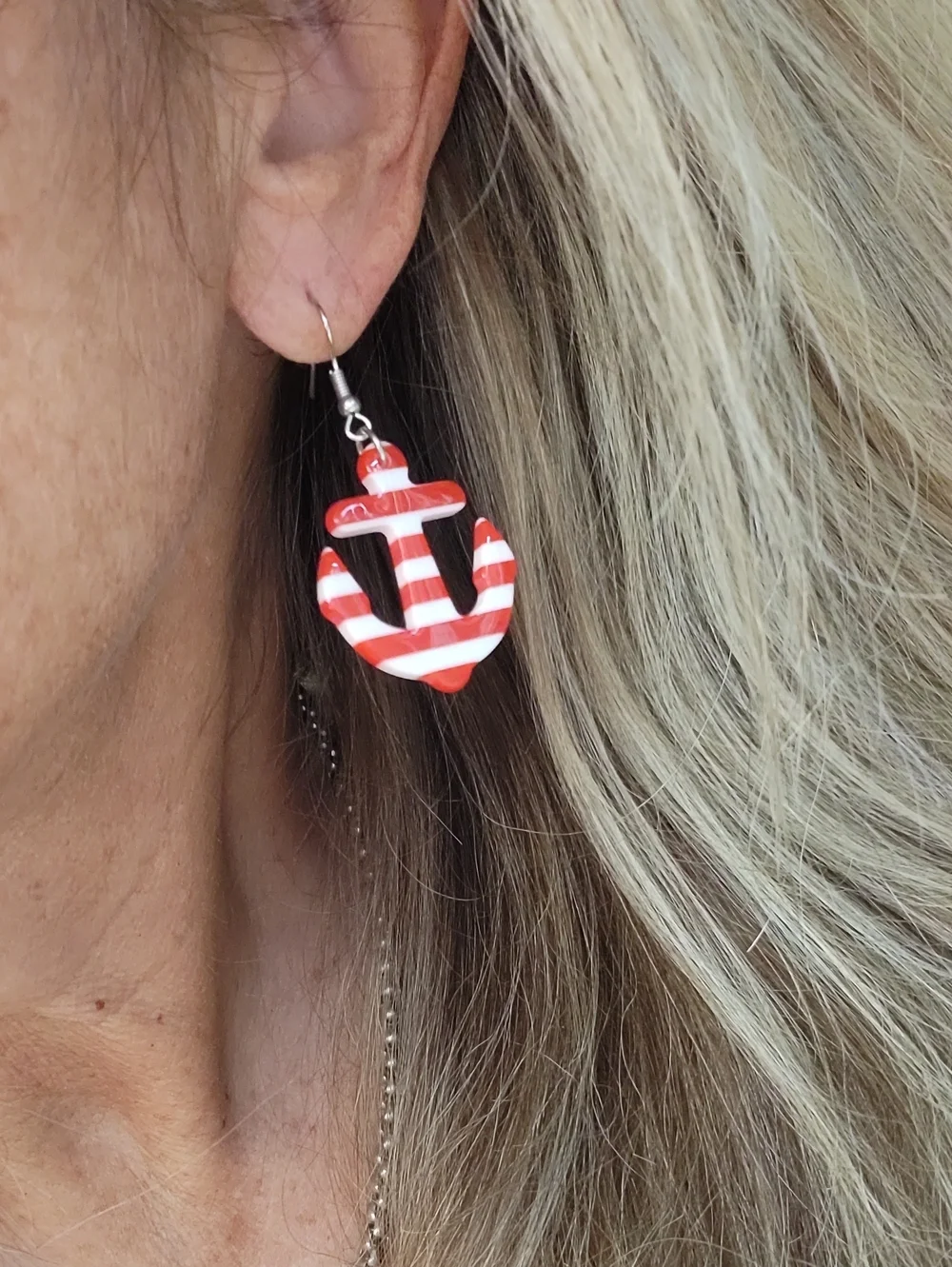 Red and White Striped Anchor Dangle Earrings